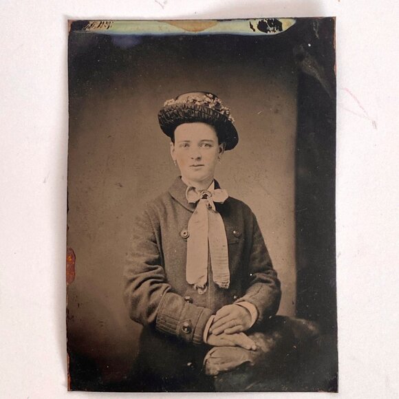 1800s Ferro Tintype Young Woman Pink Cheeks Bowtie Wearing Hat Studio Portrait - Picture 2 of 6
